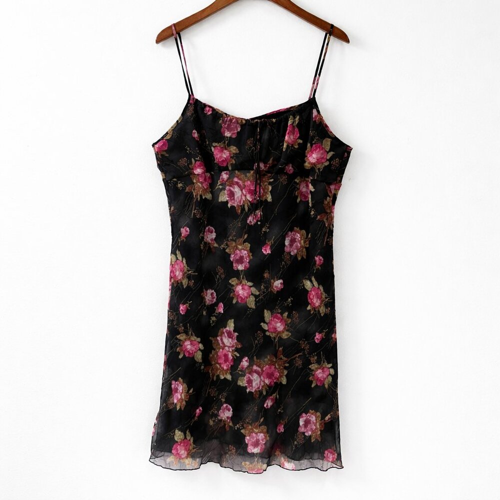 Vintage 2000s Y2K Black Floral Chiffon Babydoll Slip Dress Milkmaid Size XL